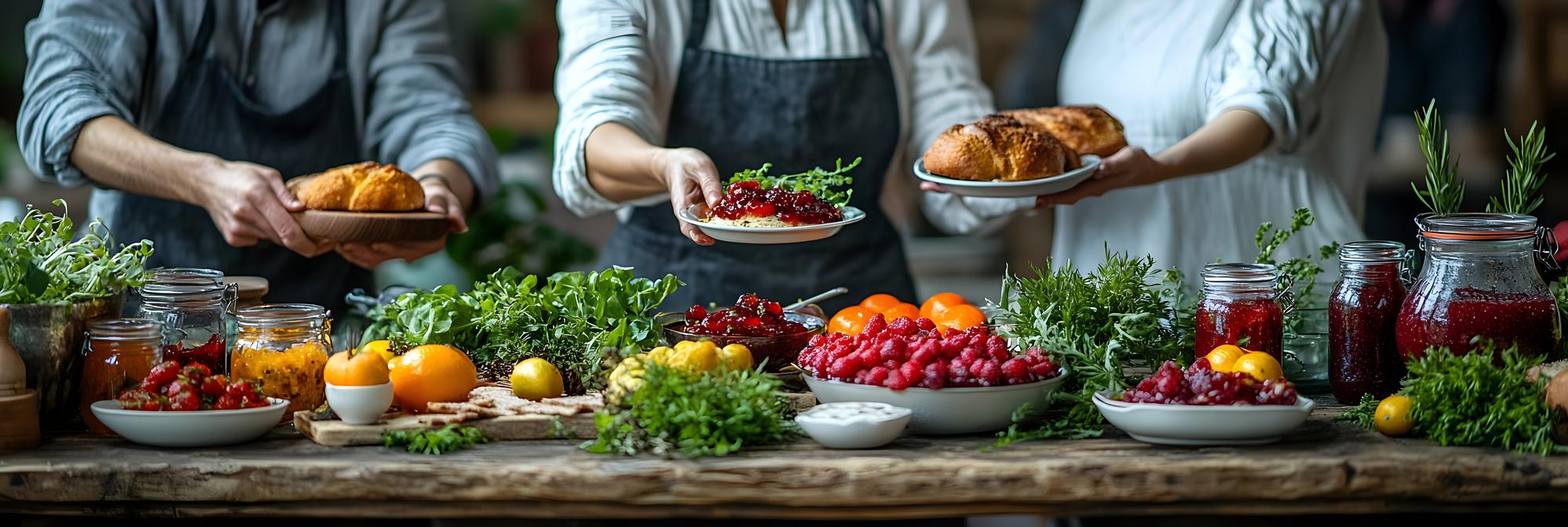 Instructor arranging seasonal ingredients on wooden table
